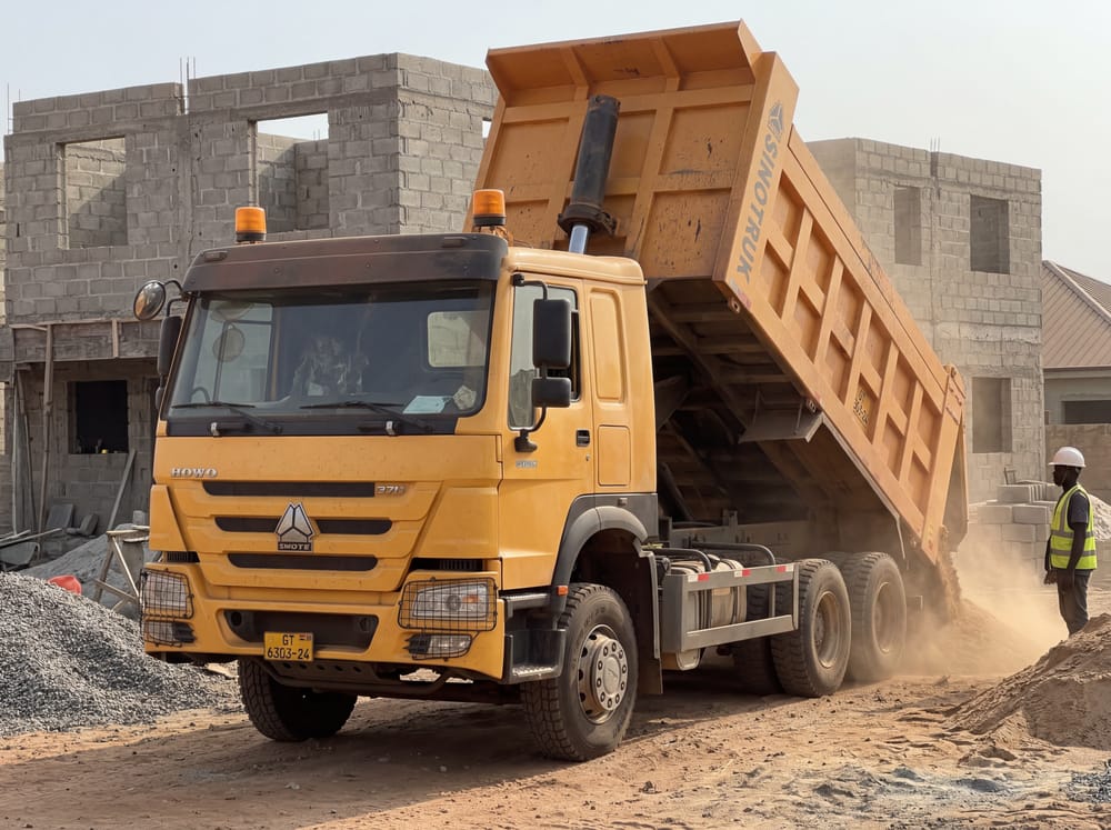 Tipper bed raised, material pouring at a real building site